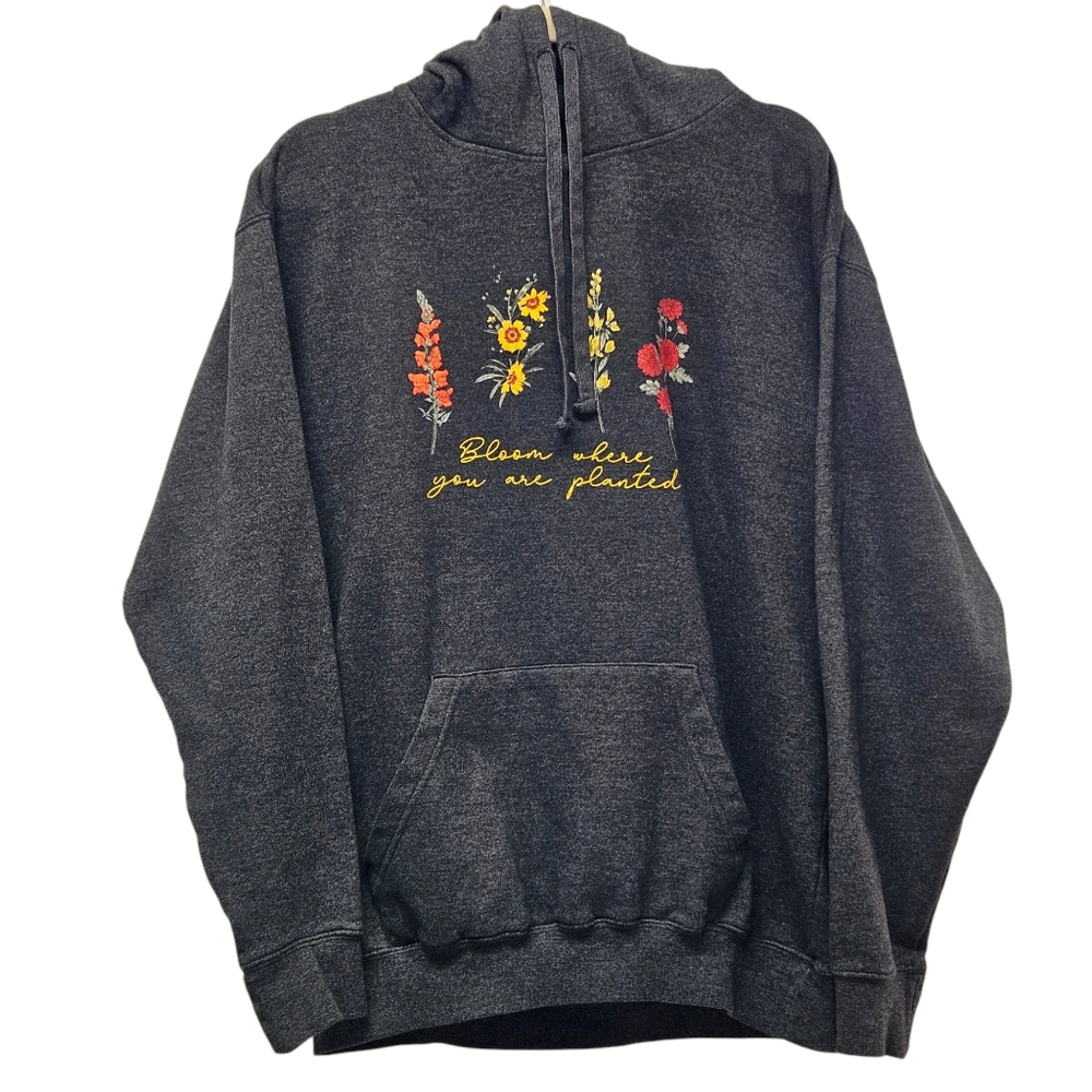 Womans Pullover Fleece Hoodie Sweatshirt Size 2X Drawstring Gray Novelty Print